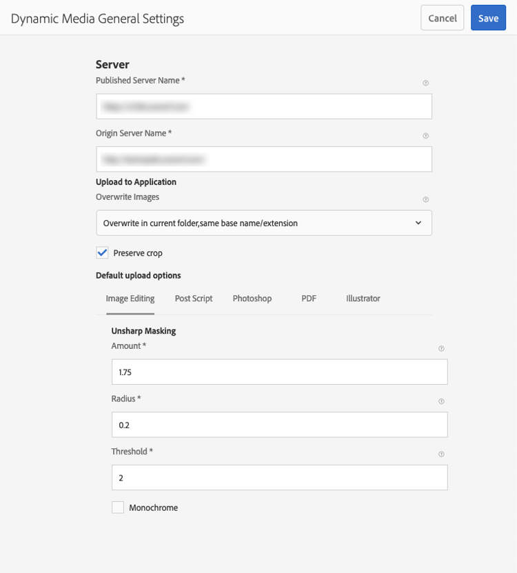 Page des paramètres généraux de Dynamic Media