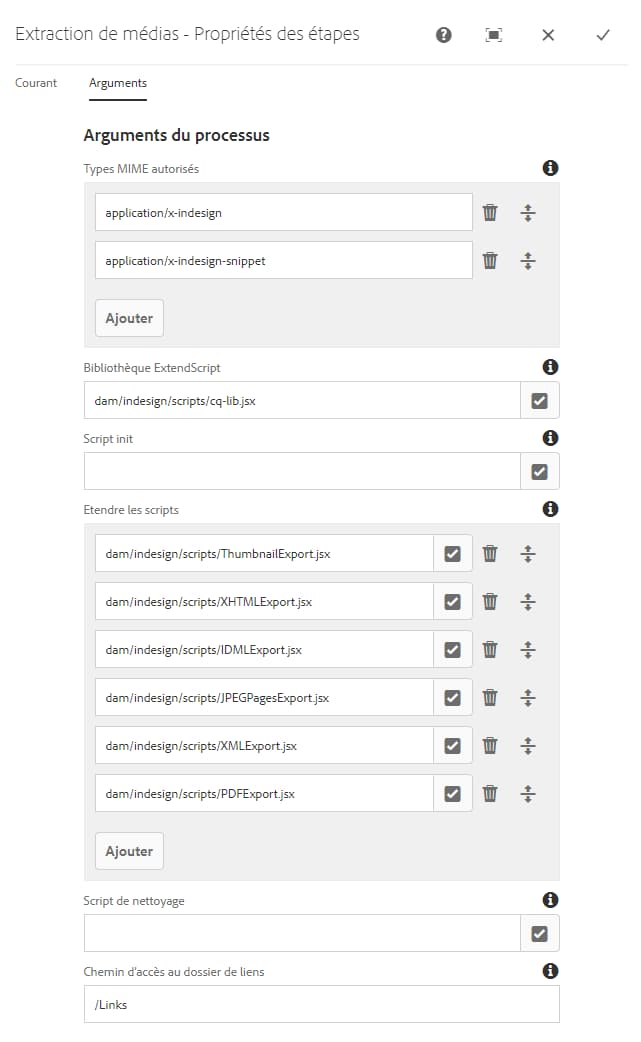 Chemins ExtendScript dans les arguments du processus Extraction de médias