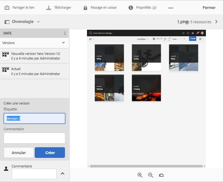 Création d’une version de ressource à partir de la barre latérale