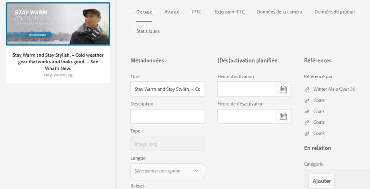 afficher les références d’Experience Manager Assets dans la colonne Références dans les détails de la ressource