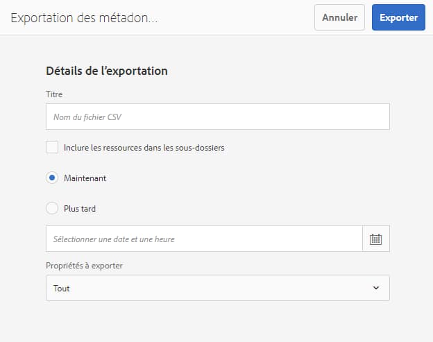 Interface et options d’exportation des métadonnées de toutes les ressources dans un dossier