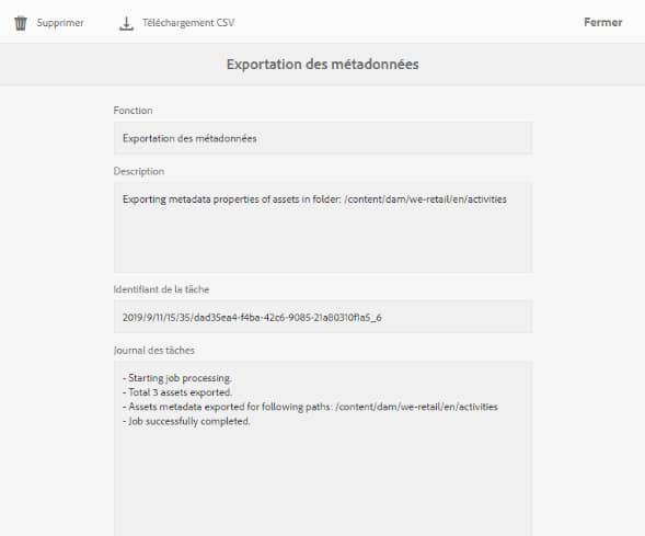 Boîte de dialogue de téléchargement du fichier CSV contenant les métadonnées exportées en bloc