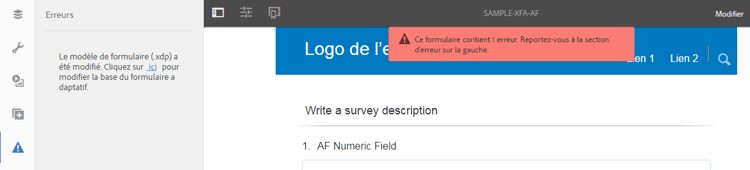 Icône indiquant que le formulaire adaptatif n’est pas synchronisé avec le fichier XDP