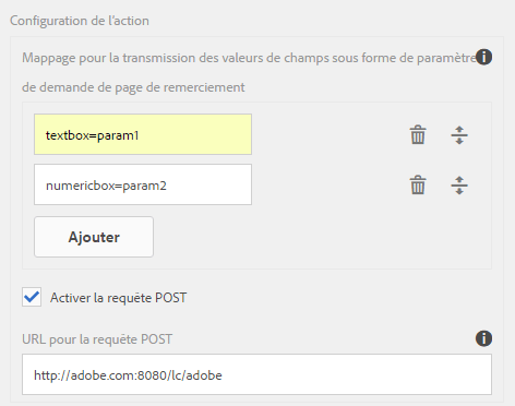 Mappage pour la transmission des valeurs de champs sous forme de paramètres de page de remerciement