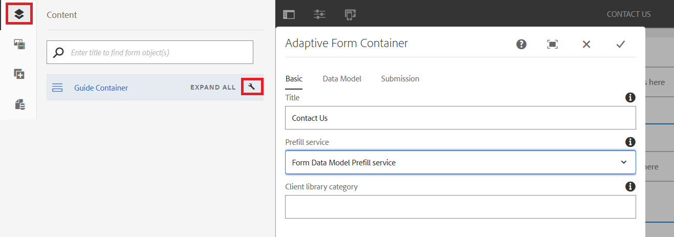 Cliquez sur l’icône de clé à molette pour ouvrir la boîte de dialogue Conteneur de formulaires adaptatifs afin de configurer une page de redirection ou un message de remerciement.