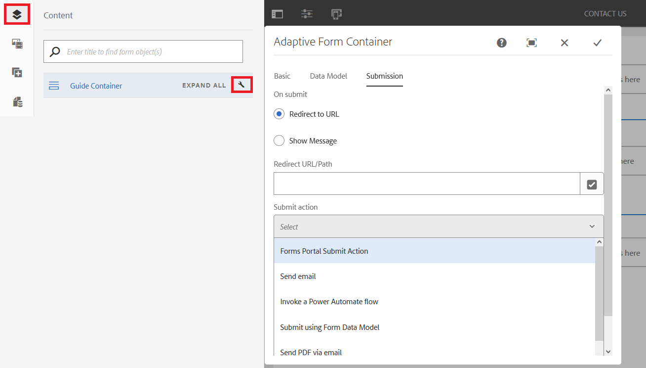 Cliquez sur l’icône de clé à molette pour ouvrir la boîte de dialogue Conteneur de formulaires adaptatifs afin de configurer une action d’envoi.