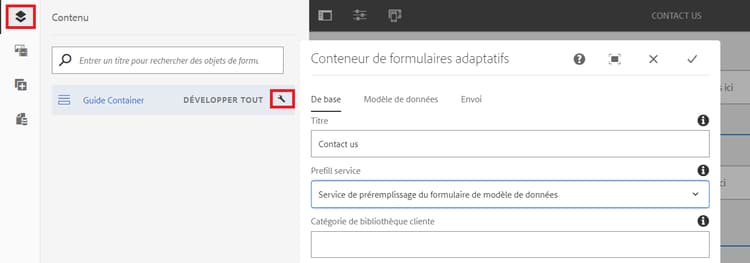 Cliquez sur l’icône de clé à molette pour ouvrir la boîte de dialogue Conteneur de formulaires adaptatifs afin de configurer une page de redirection ou un message de remerciement.