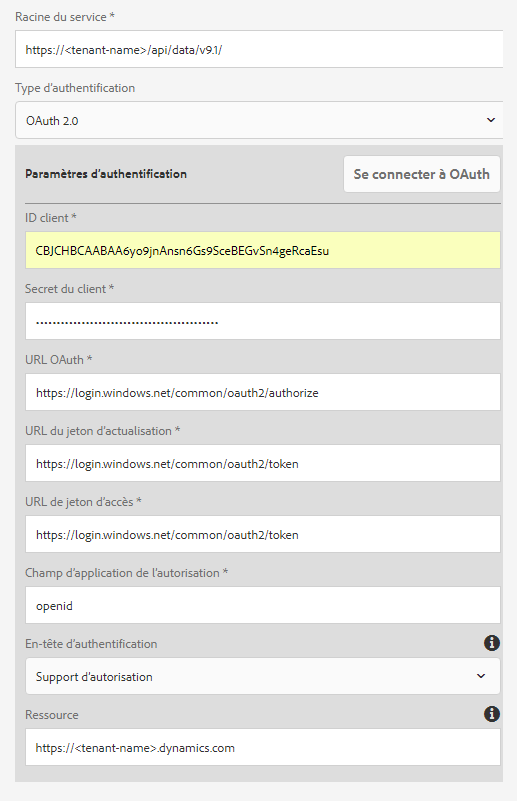 Paramètres d’authentification