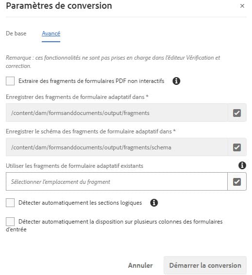 Paramètres de conversion avancés