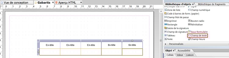 Champs de texte dans un tableau