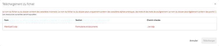 Message d’erreur affiché lors du chargement d’un formulaire XFA