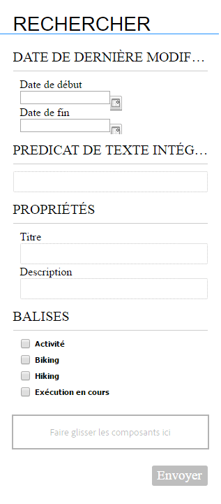 Zone de recherche avec les attributs Date, Texte complet, Propriétés et Balises