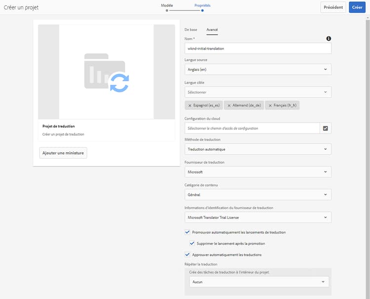 Onglet Avancé du projet