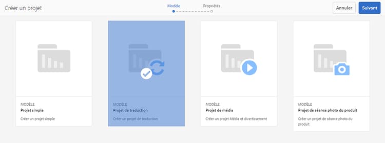 Sélectionner le modèle de projet de traduction