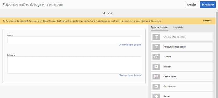 Éditeur de modèles de fragment de contenu