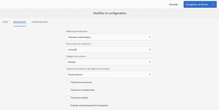 Propriétés de Configuration de traduction
