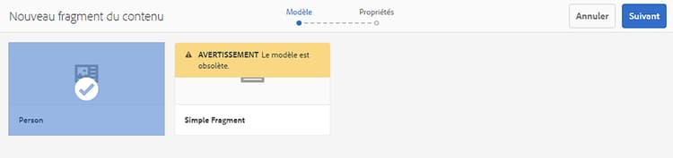 Sélectionner un modèle de fragment de contenu