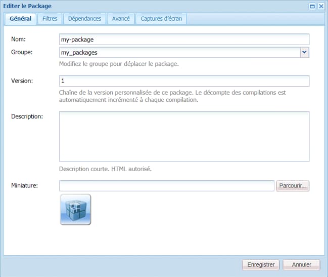Boîte de dialogue Modifier le package, paramètres généraux