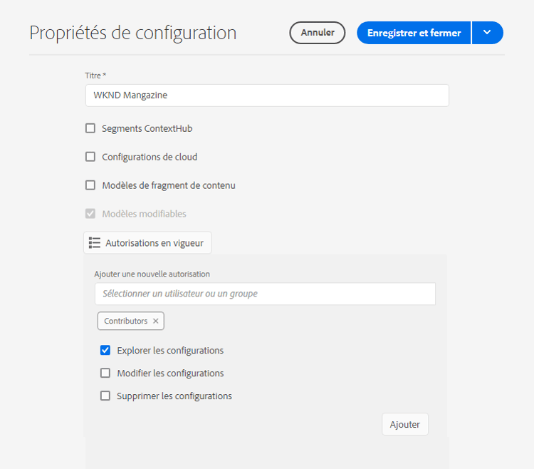 Ajout de droits d’accès à une configuration