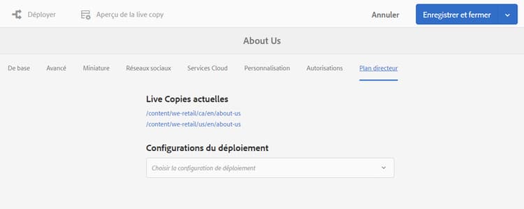Onglet Plan directeur - Vue d’ensemble de la Live Copy
