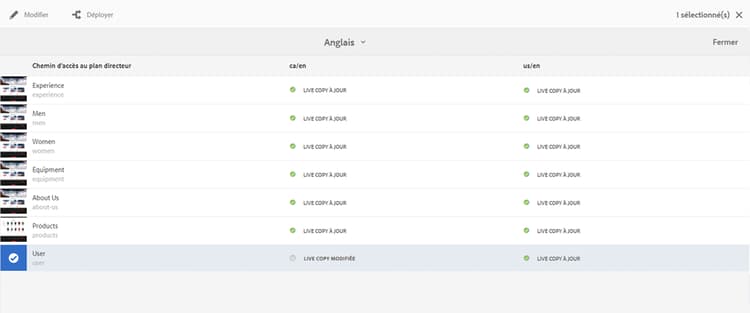 Plan directeur sélectionné - Actions disponibles