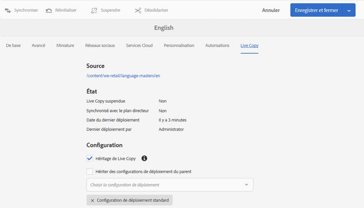 Sélection de la Live Copy