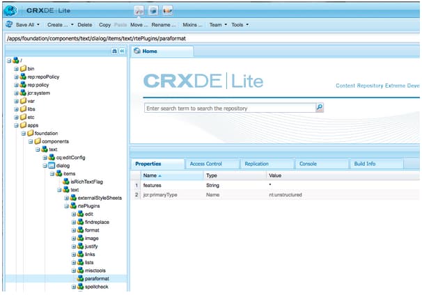 CRXDE Lite présentant un exemple de rtePlugin