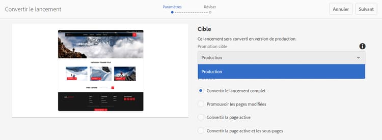 Paramètres de promotion d’un lancement