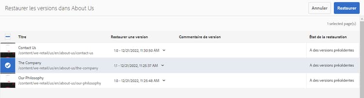 Restaurer la version – Sélectionner la page