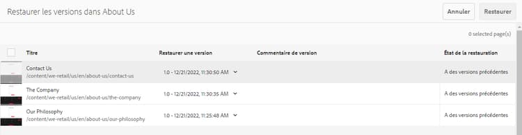Restaurer la version : liste de toutes les pages dans le dossier
