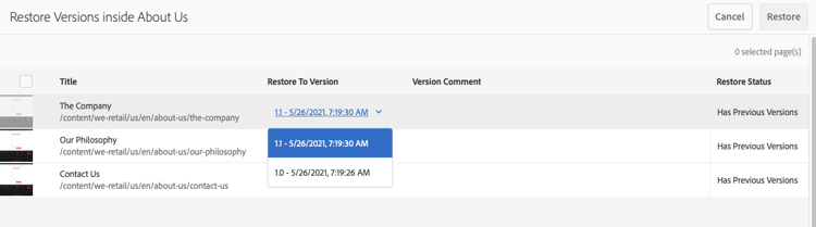 Restaurer la version – Sélectionner la version