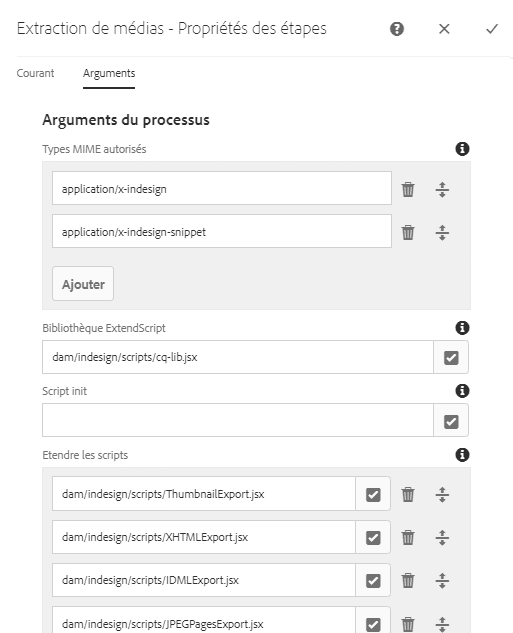 Arguments d’extraction de médias et chemins de scripts