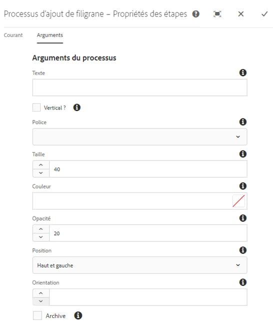 Indiquer les arguments dans l’étape Ajouter un filigrane dans Assets