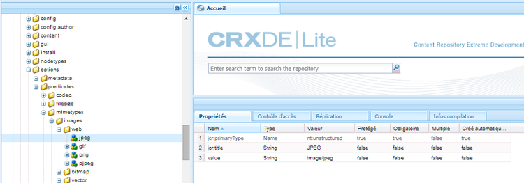 La propriété de valeur d’un type de fichier, telle qu’affichée dans CRXDE, est utilisée pour que les requêtes fonctionnent.