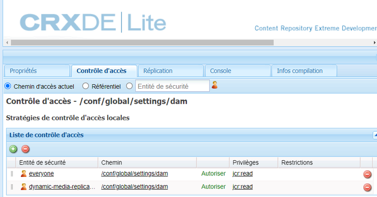 Configuration du serveur d’images dans CRXDE Lite et définition de l’onglet Contrôle d’accès