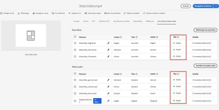 Colonne Statut mise en surbrillance pour les champs Sous-titres et Pistes audio.