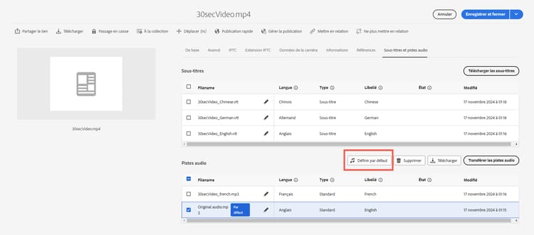 En-tête « Pistes audio » avec un nom de fichier de piste audio sélectionné et le bouton « Définir par défaut » mis en surbrillance.