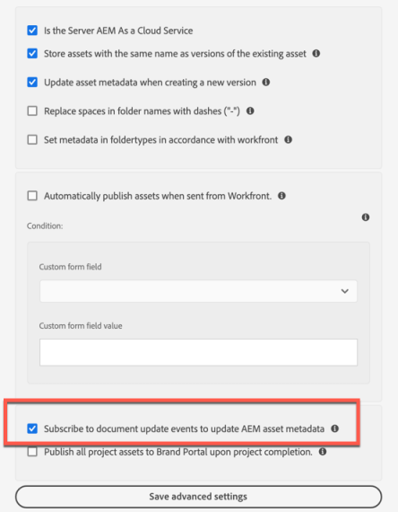 Configuration des mises à jour des formulaires personnalisés du document Workfront dans Experience Manager