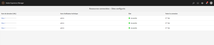 Test de connexion des ressources connectées configurées Sites