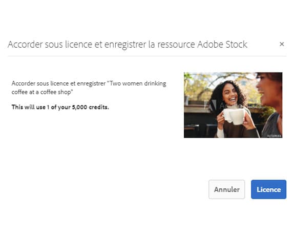 Boîte de dialogue permettant d’obtenir la licence et d’enregistrer des ressources Adobe Stock dans Experience Manager Assets