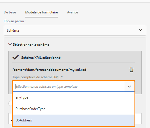 Sélection d’un type complexe dans le modèle de schéma XML spécifié