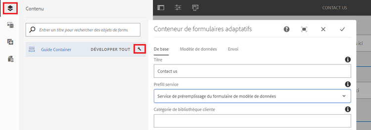 Cliquez sur l’icône de clé à molette pour ouvrir la boîte de dialogue Conteneur de formulaires adaptatifs afin de configurer une page de redirection ou un message de remerciement.