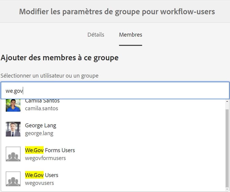 Modifier les paramètres de groupe pour les utilisateurs et utilisatrices du workflow