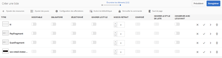 Réorganiser et configurer les actifs dans une liste