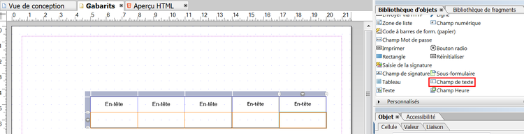 Champs de texte dans un tableau