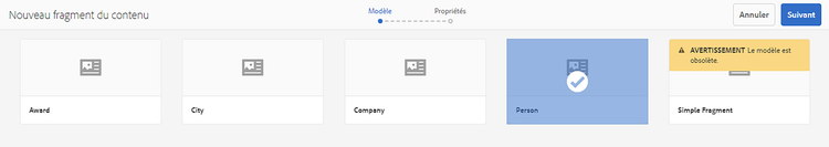 Créer un fragment de contenu – Sélection du modèle