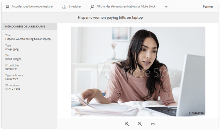 Prévisualisez l’image et la licence Adobe Stock depuis Experience Manager Assets
