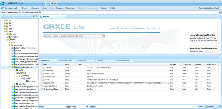 Profils affichés dans CRXDE.