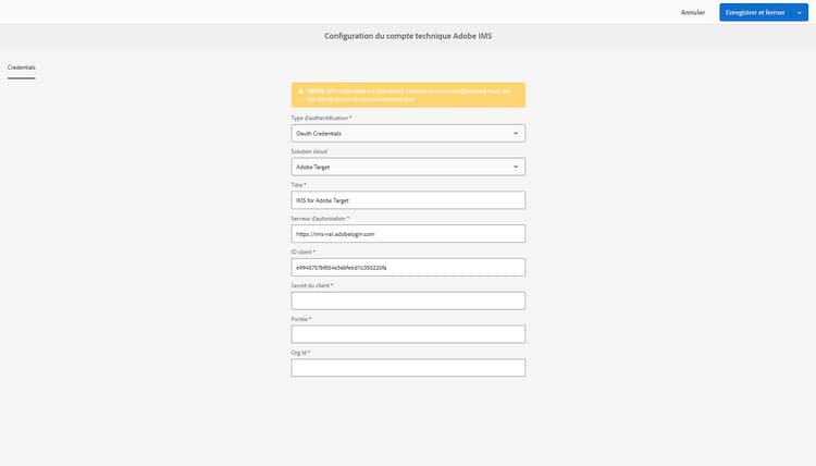Saisie des détails OAuth