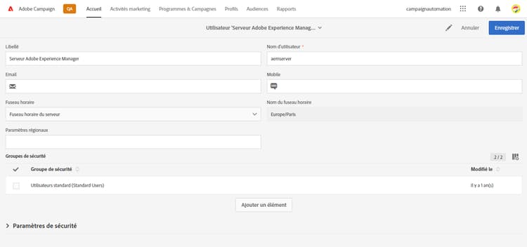 Utilisateur aemserver dans Adobe Campaign.